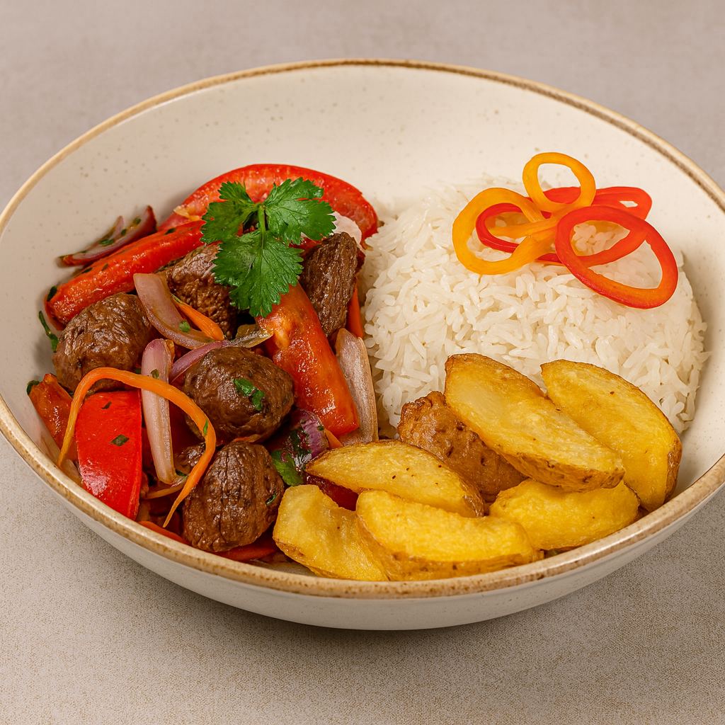 Lomo saltado con papas y arroz